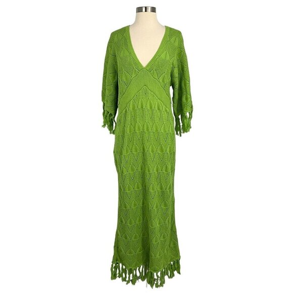 NWT DODO BAR OR Size 42 US 4-6 Simmons Dress Green Knit Tassles Maxi Half Sleeve - Picture 1 of 14